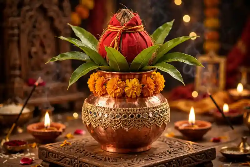 Decorated coconut kalash with mango leaves for Diwali Lakshmi puja