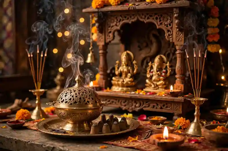 Brass incense holders and dhoop dani styled in a Diwali home mandir