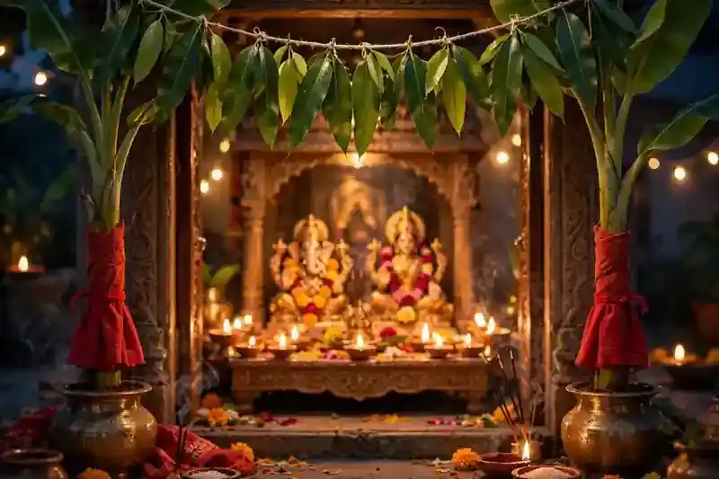 Fresh mango leaf toran and banana stems decorating a Diwali mandir entrance
