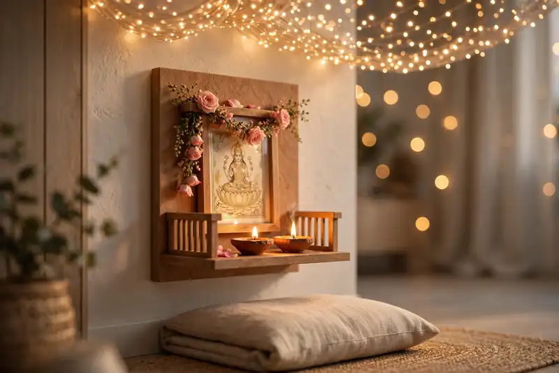 Serene small puja corner with wall-mounted mandir decorated for Diwali