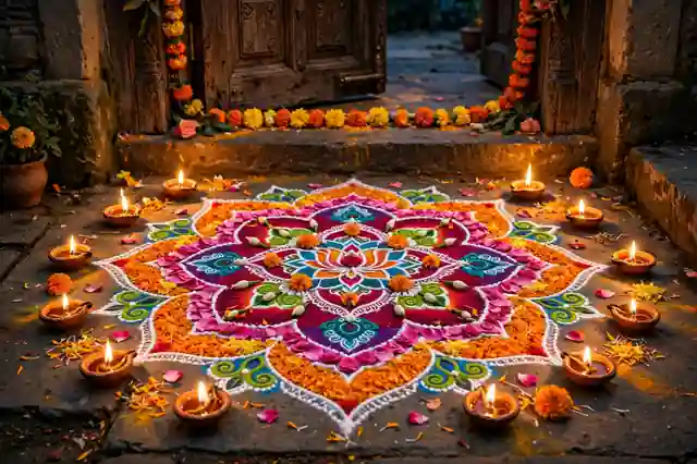Colourful Diwali rangoli design with glowing diyas around it at the doorstep