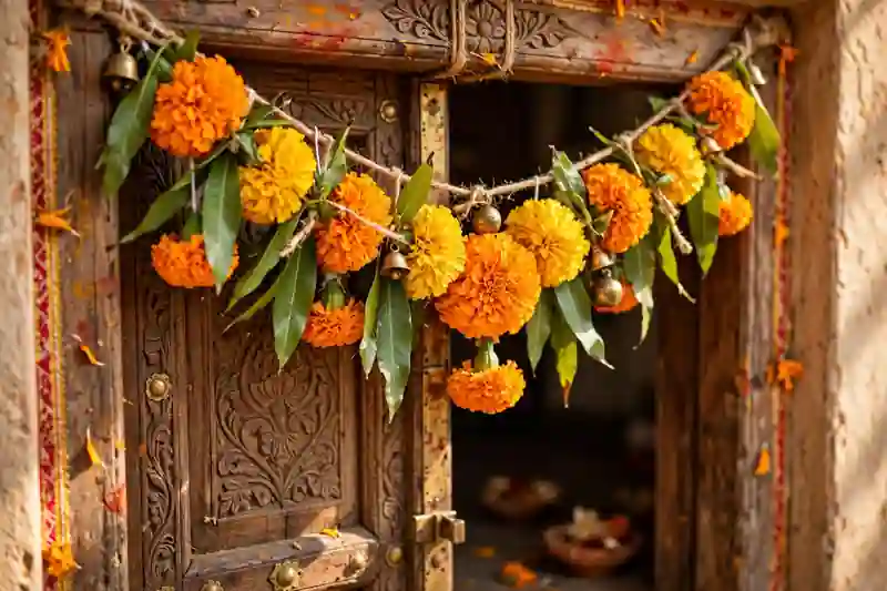 Marigold toran hanging on main door for Diwali entrance decoration