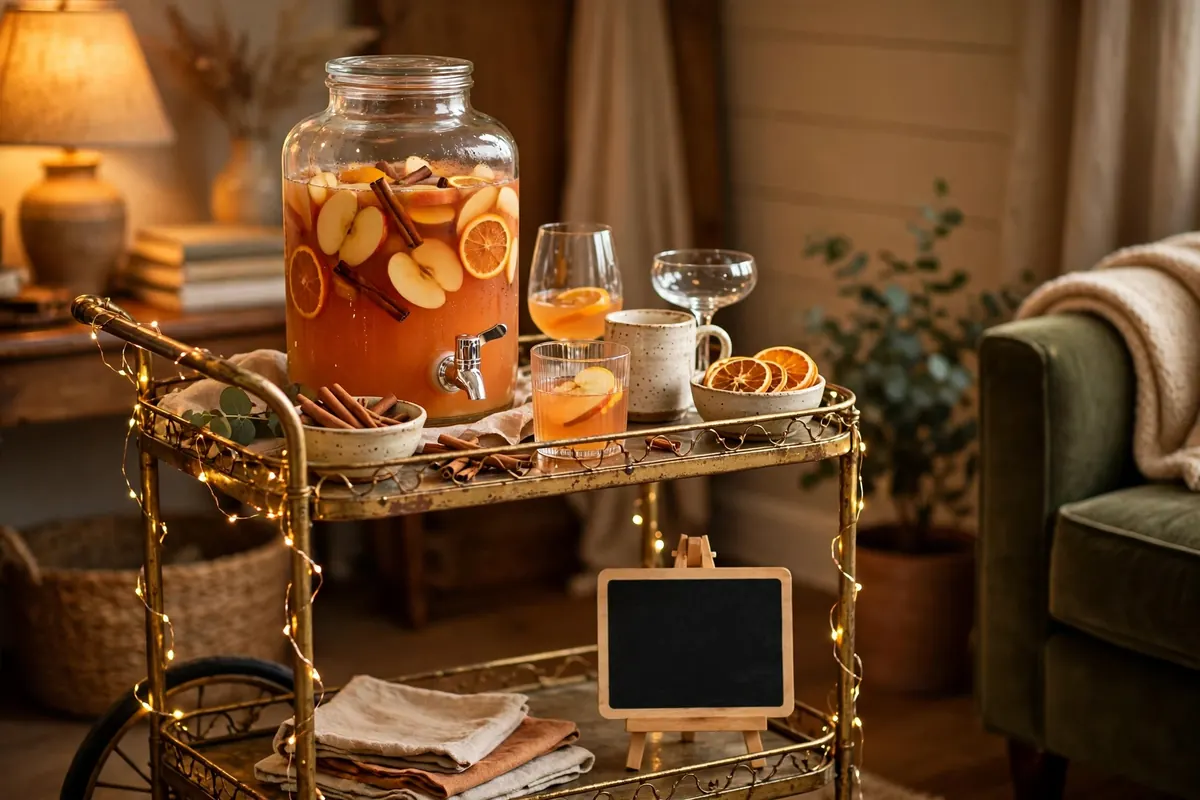 friendsgiving tablescape ideas bar cart drink corner