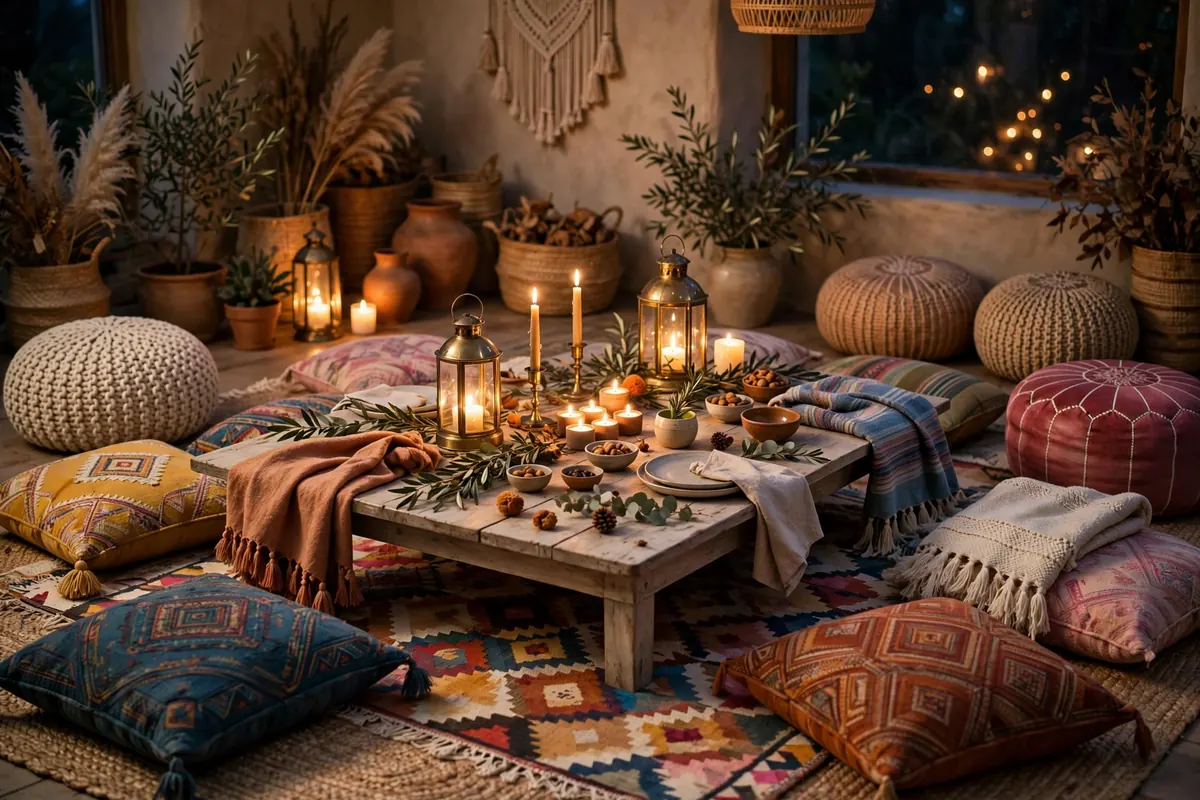 friendsgiving tablescape ideas boho layered