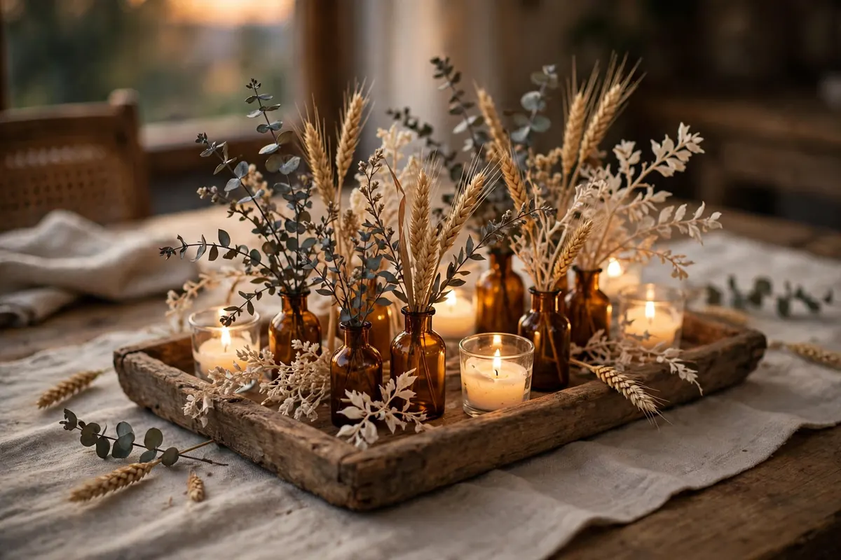 friendsgiving tablescape ideas dried floral centerpiece