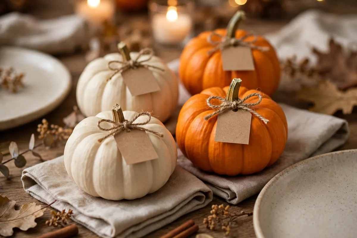 friendsgiving tablescape ideas mini pumpkin place cards