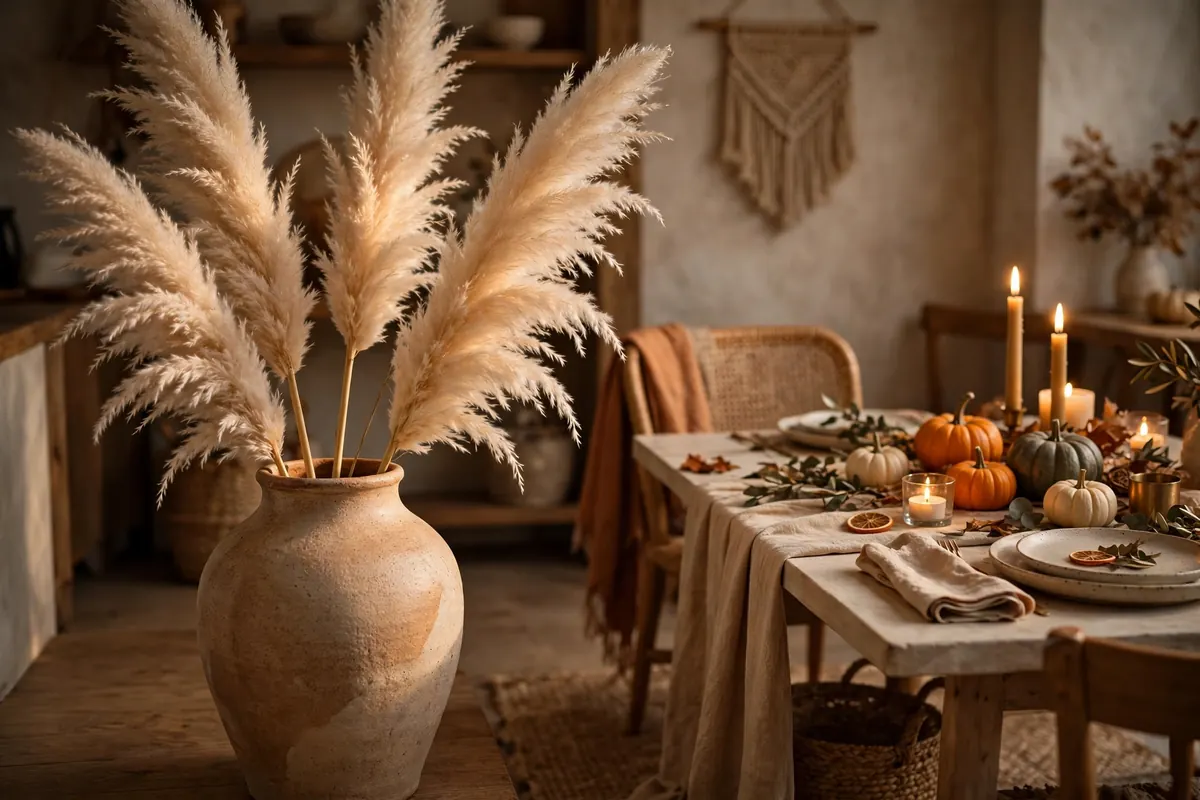 friendsgiving tablescape ideas pampas grass vase