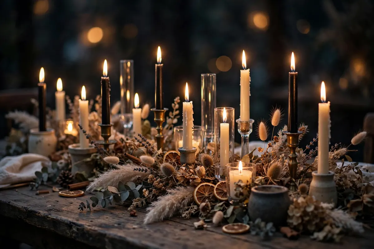 friendsgiving tablescape ideas taper candles vintage holders