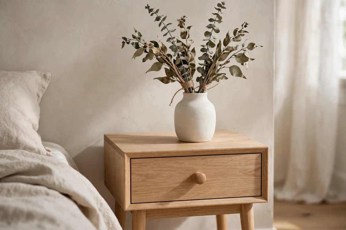 greenery bedroom dried eucalyptus nightstand