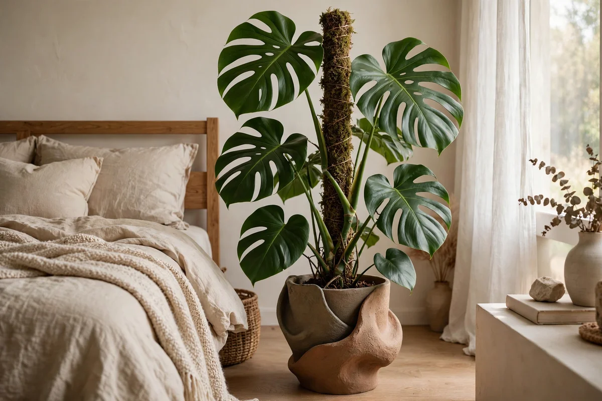 greenery bedroom monstera bedside