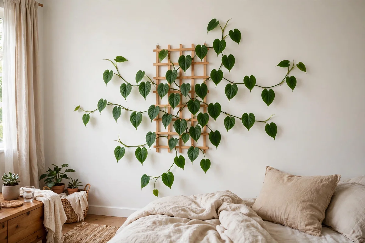 greenery bedroom philodendron wall trellis