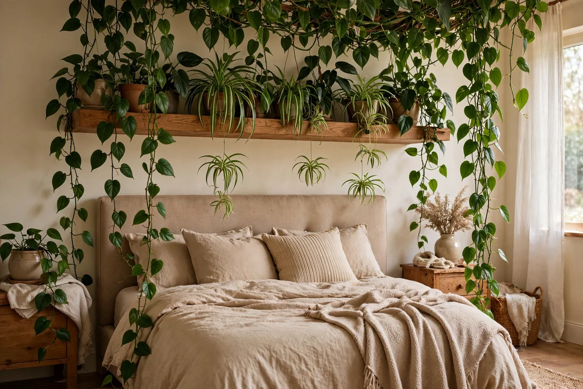 greenery bedroom plant shelf above bed