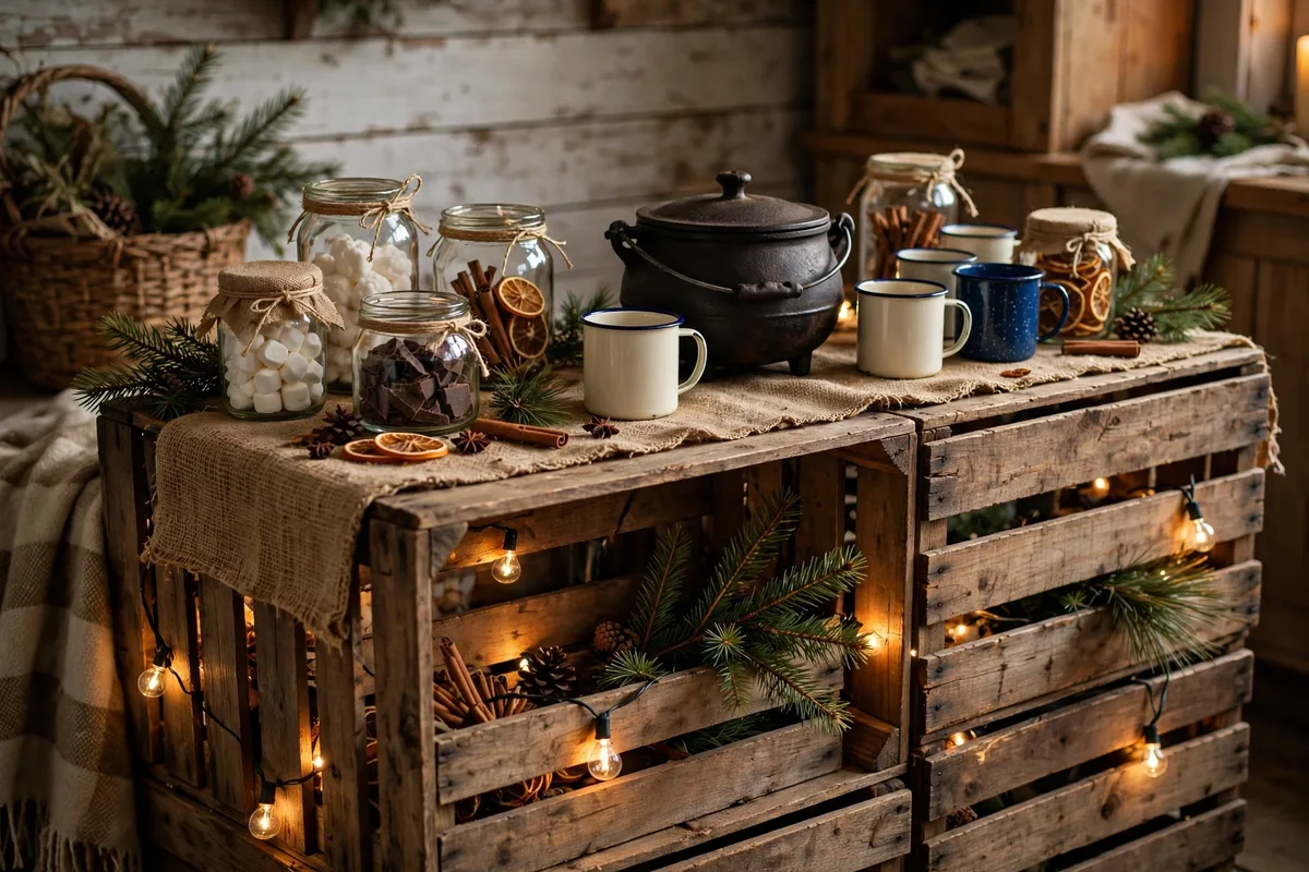 hot chocolate bar ideas rustic wooden crate bar