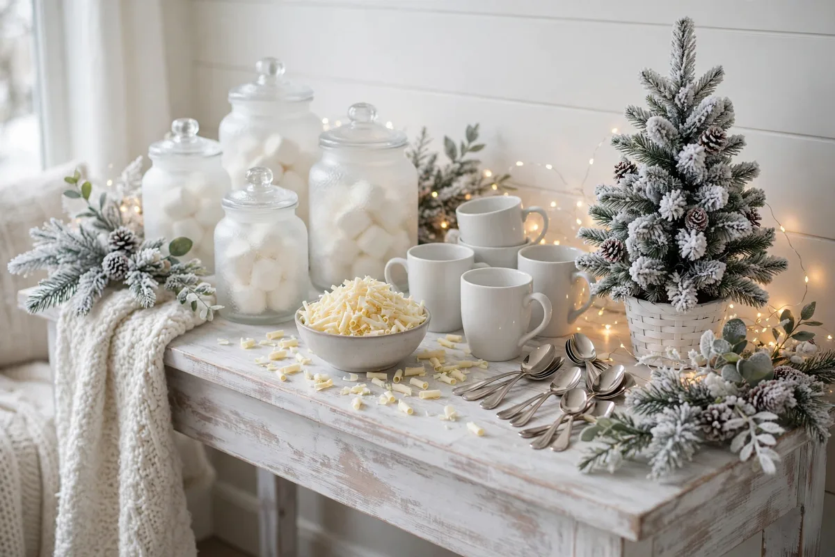 hot chocolate bar ideas winter wonderland white bar