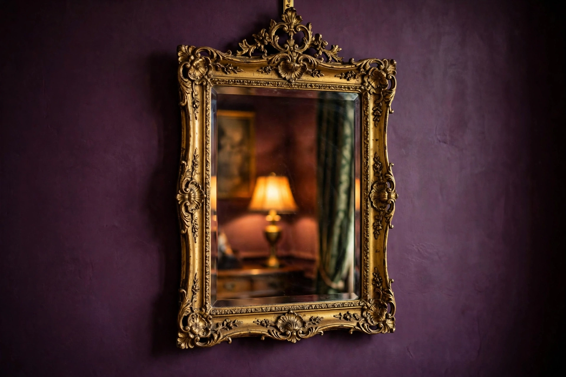 moody burgundy plum room decor antique gold mirror plum wall