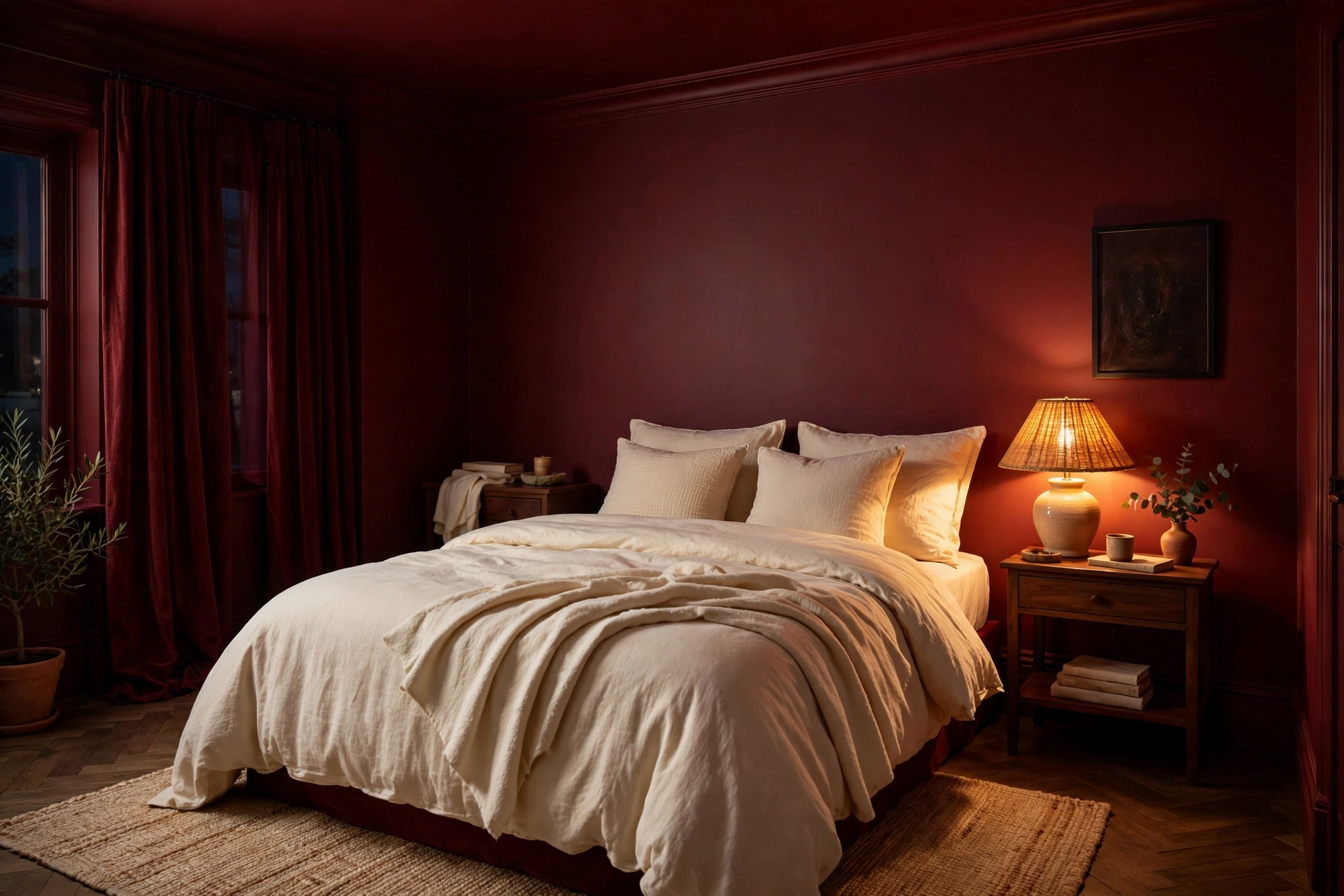 moody burgundy plum room decor color drenched burgundy bedroom