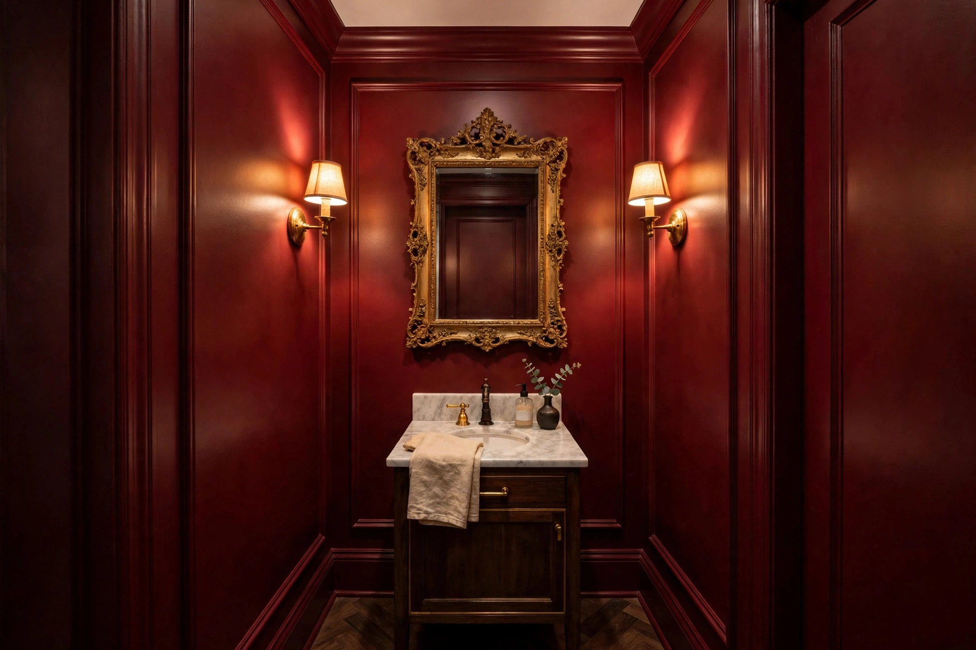 moody burgundy plum room decor color drenched burgundy small bathroom