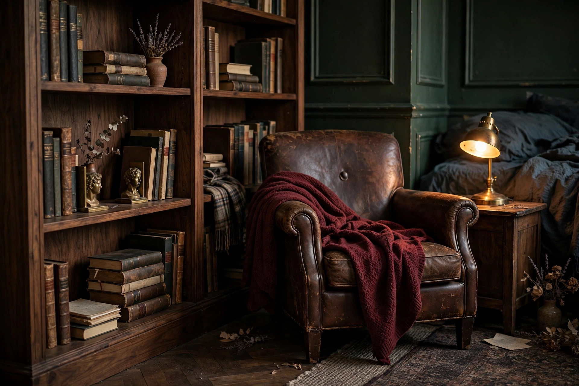moody burgundy plum room decor dark academia bedroom corner