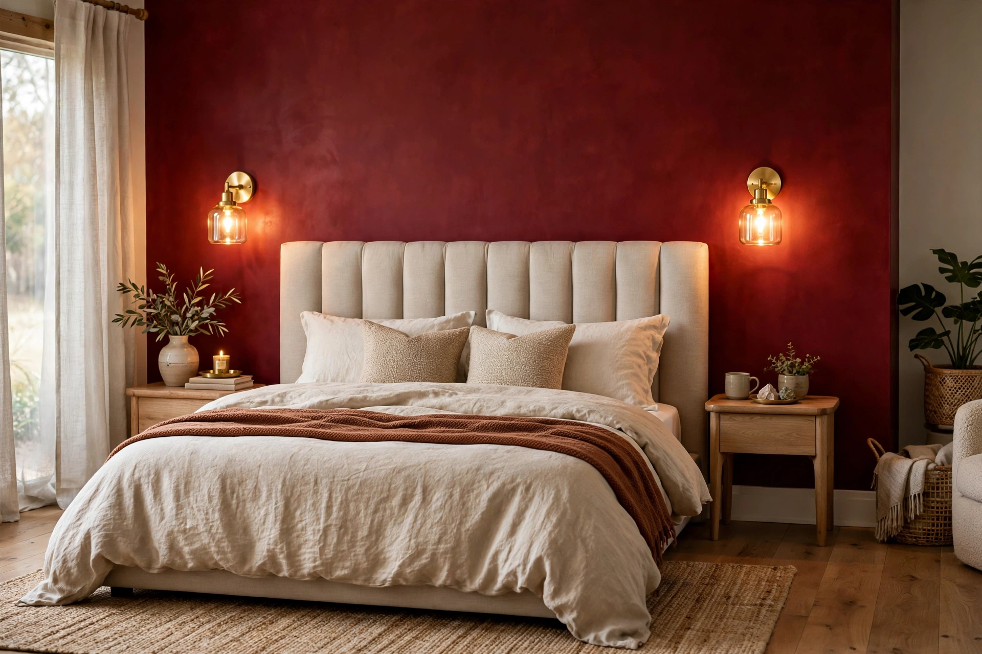 moody burgundy plum room decor oxblood accent wall behind bed