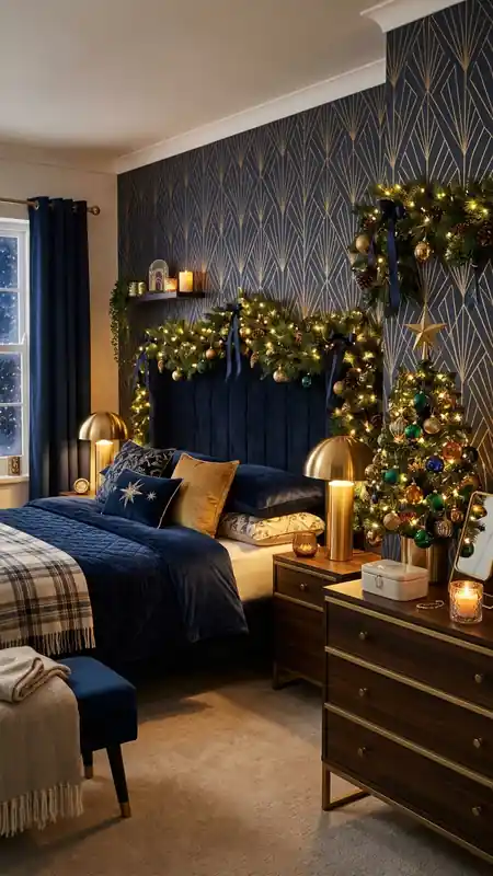 neo deco christmas bedroom navy velvet