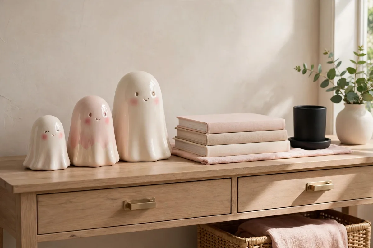 pink halloween decor ideas blush ghost figurines