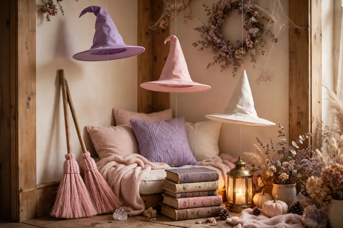 pink halloween decor ideas pastel witch vignette