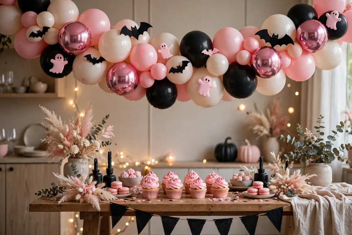 pink halloween decor ideas pink black balloon garland
