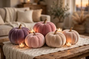pink halloween decor ideas velvet pink pumpkins