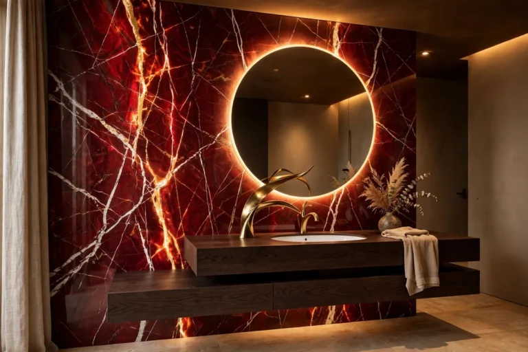 Red marble bathroom vanity wall