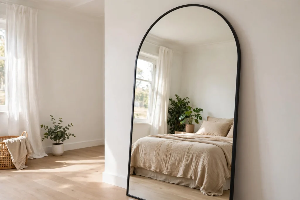 Full-length freestanding floor mirror leaning against a bedroom wall