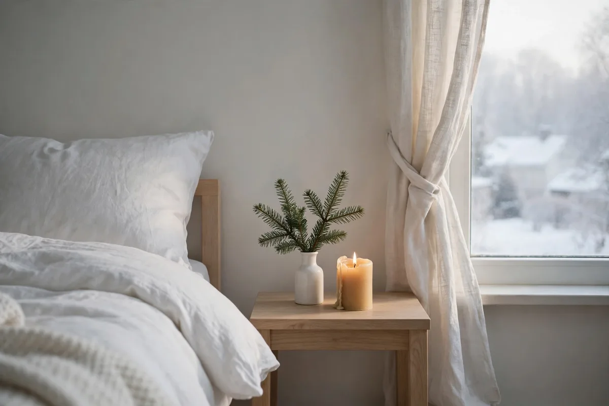 scandinavian christmas decor ideas calm bedroom fir sprigs