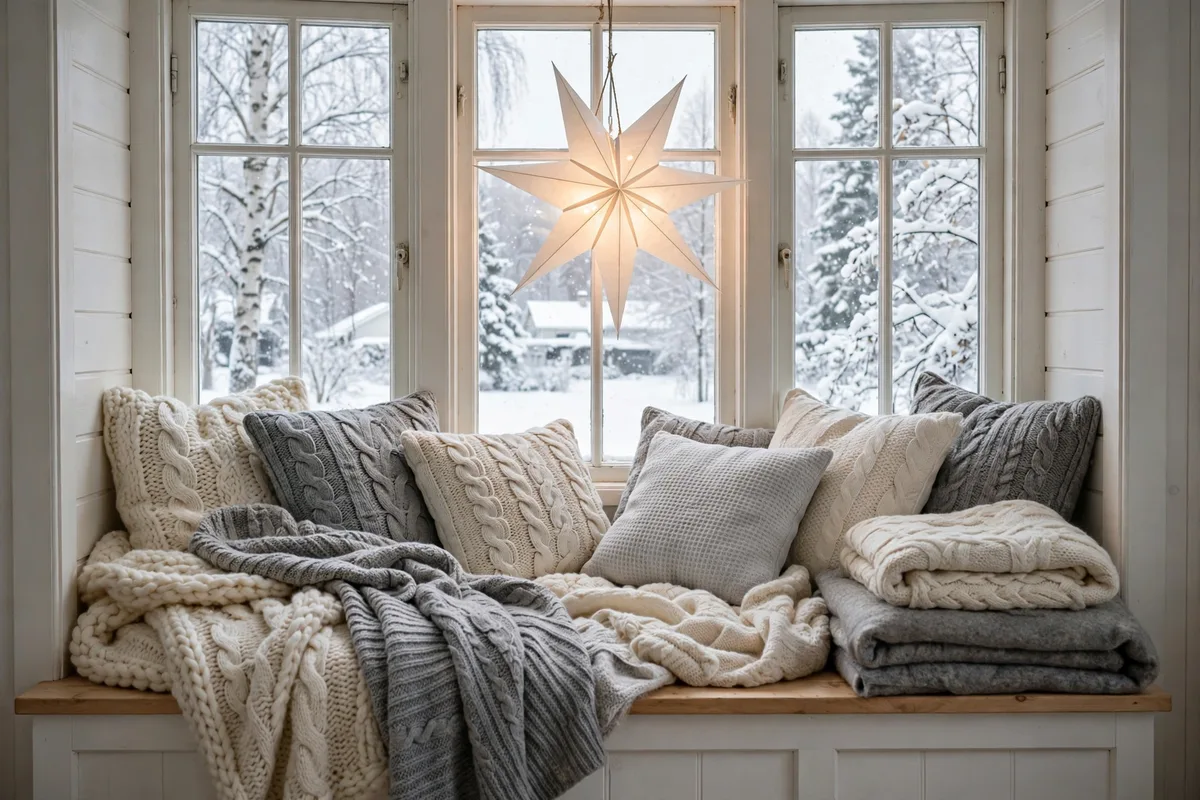 scandinavian christmas decor ideas cozy window seat knits