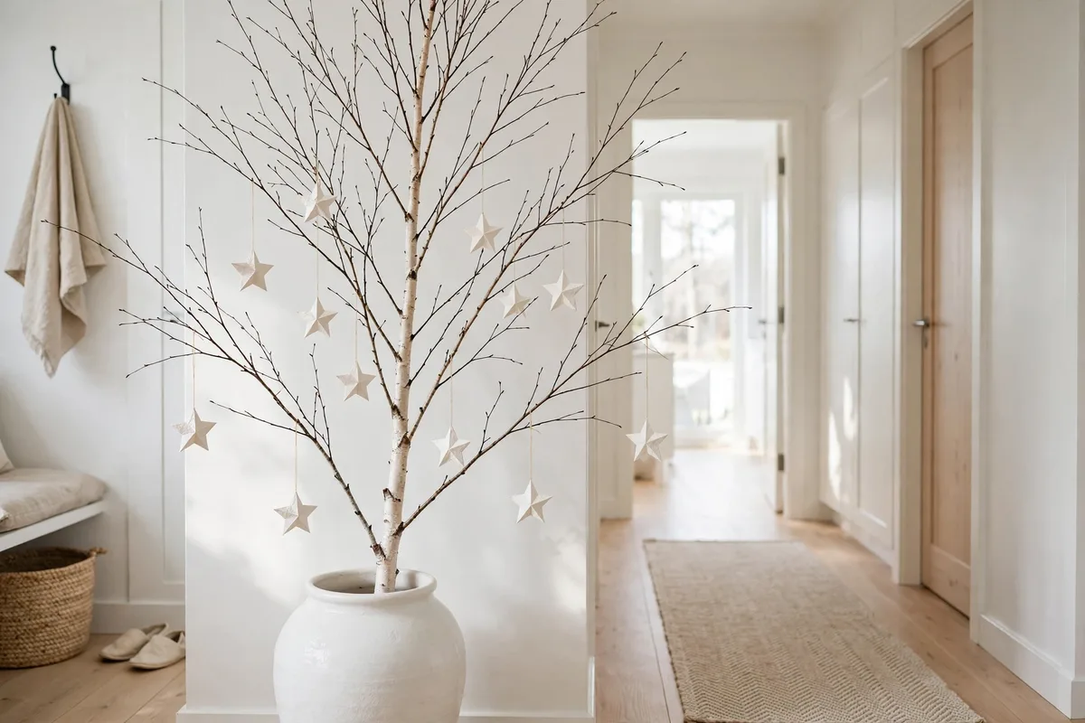 scandinavian christmas decor ideas hanging paper stars branches