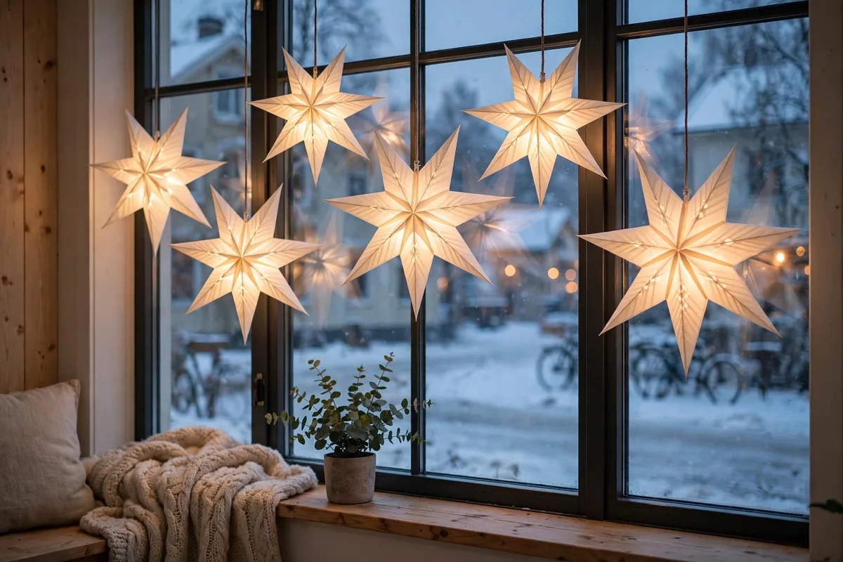 scandinavian christmas decor ideas paper star lantern windows