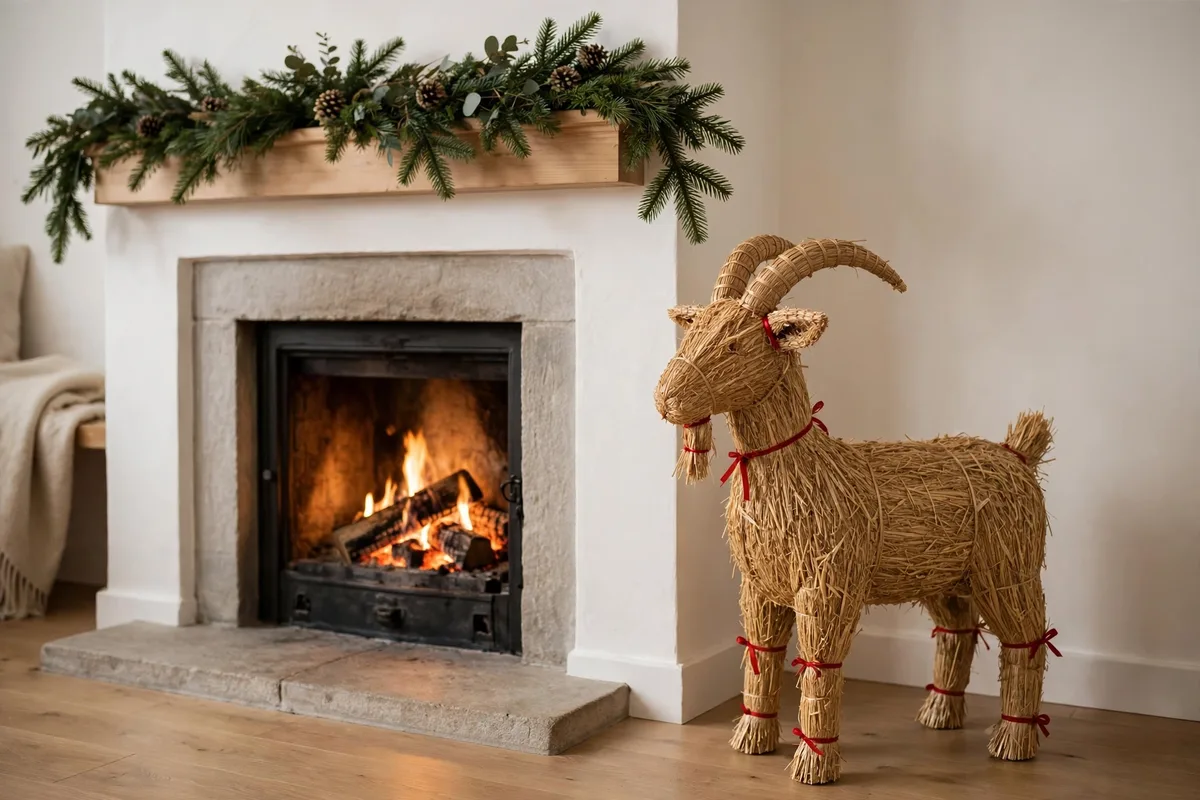 scandinavian christmas decor ideas straw goat decor hearth