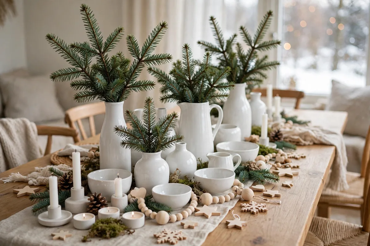 scandinavian christmas decor ideas white ceramics centerpiece