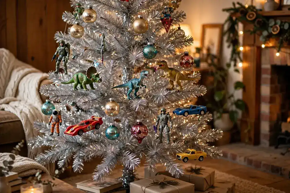 silver tinsel christmas tree ideas 90s toy ornaments
