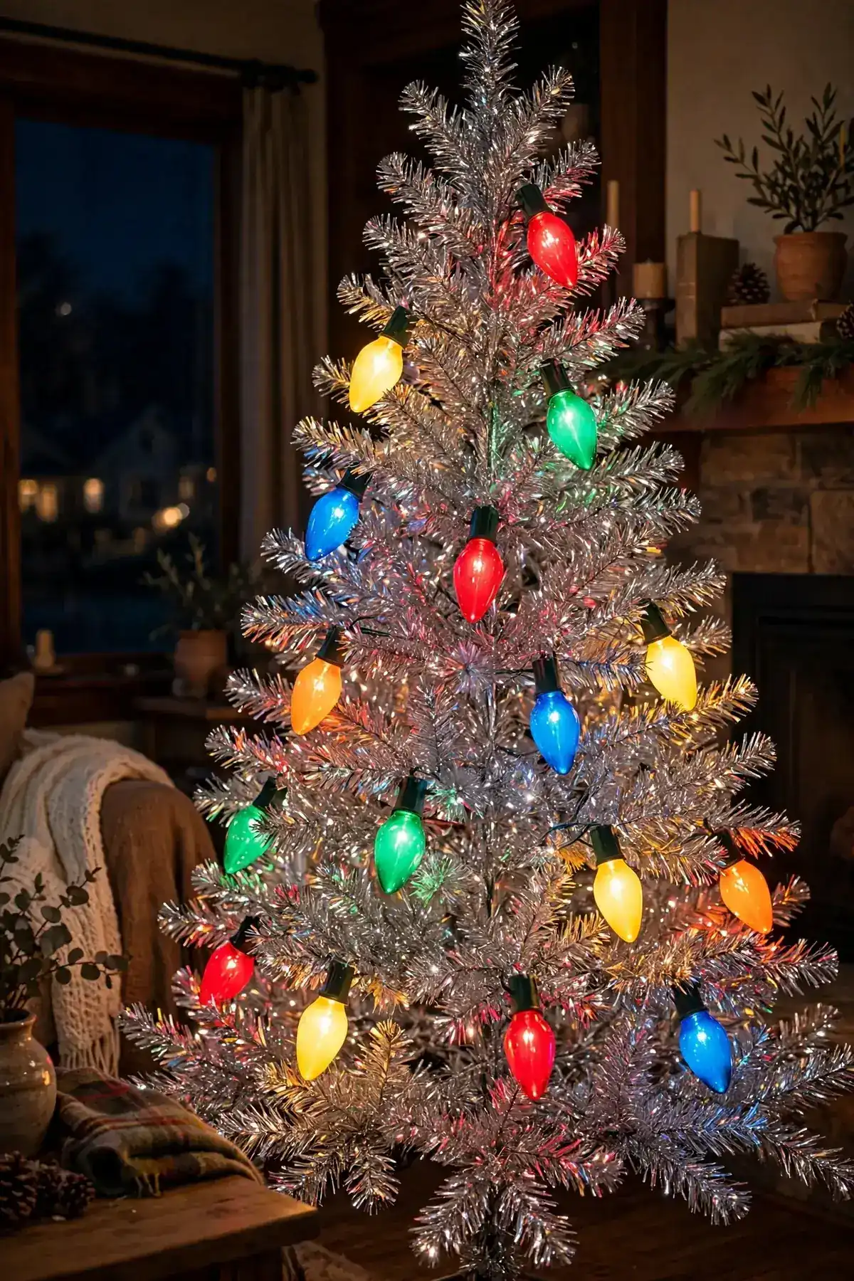 silver tinsel christmas tree ideas colorful lights look