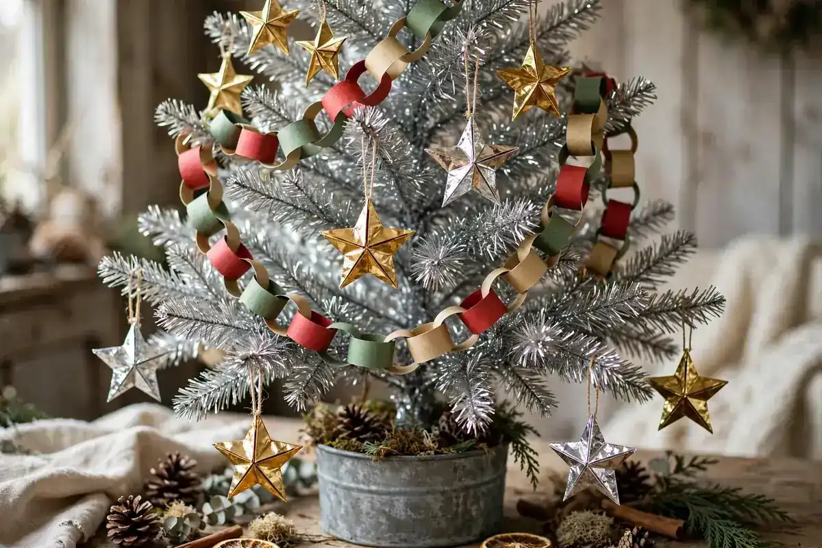 silver tinsel christmas tree ideas paper chains stars