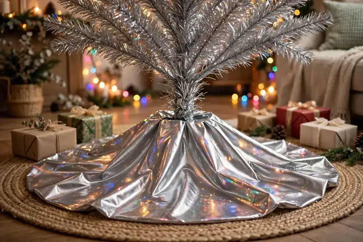 silver tinsel christmas tree ideas shiny tree skirt