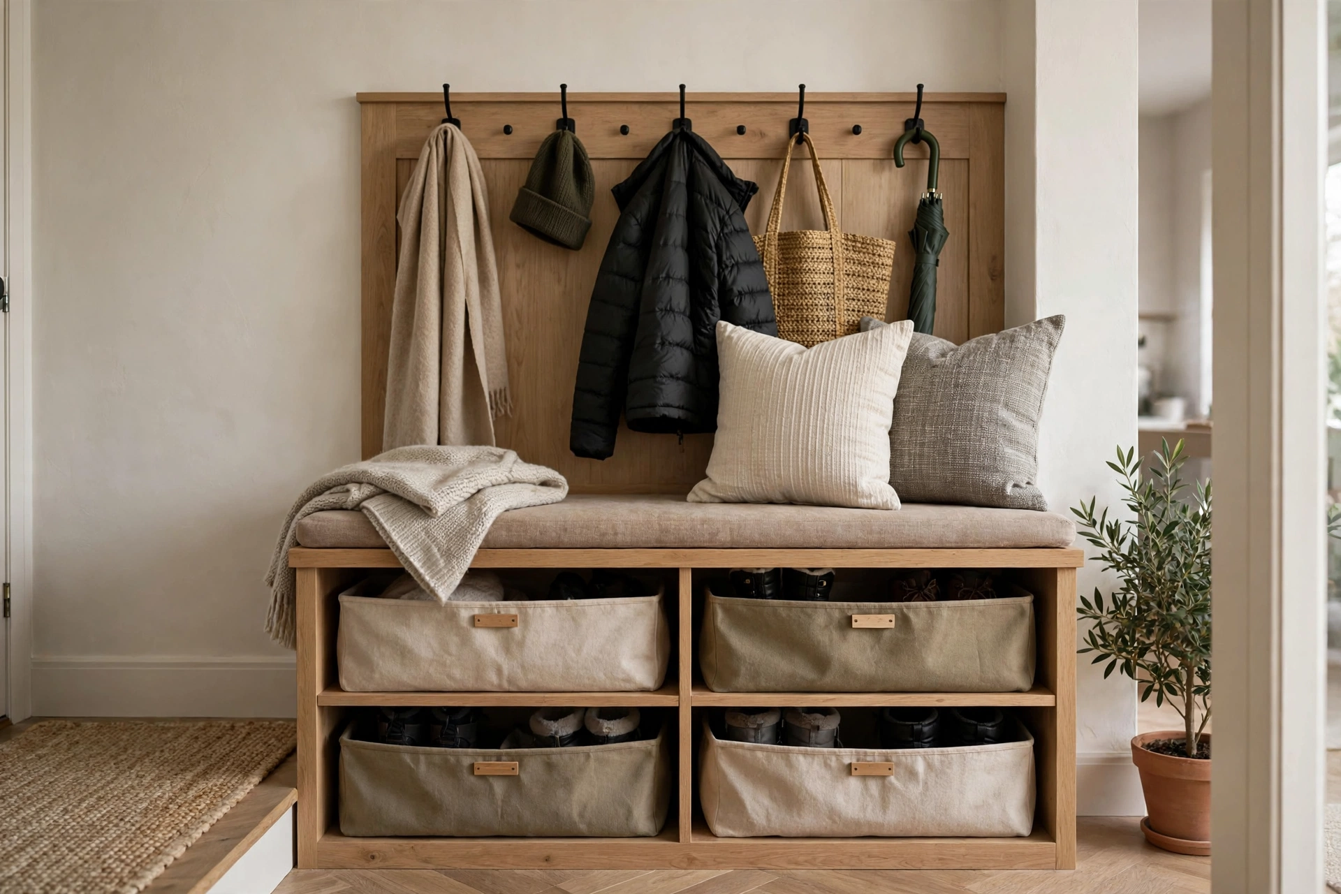 small entryway winter organization ideas bench hidden shoe cubbies