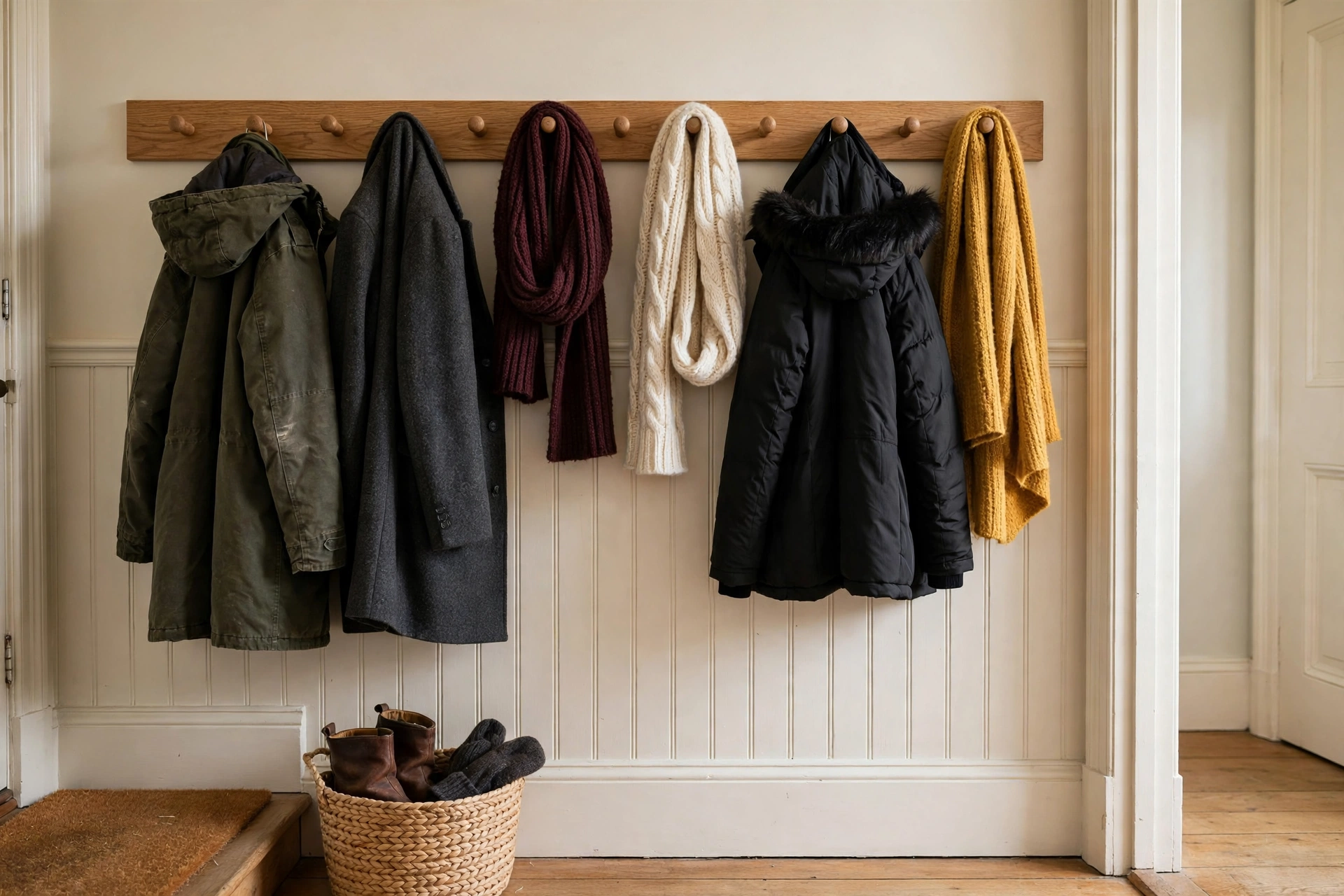 small entryway winter organization ideas wall peg rail coats