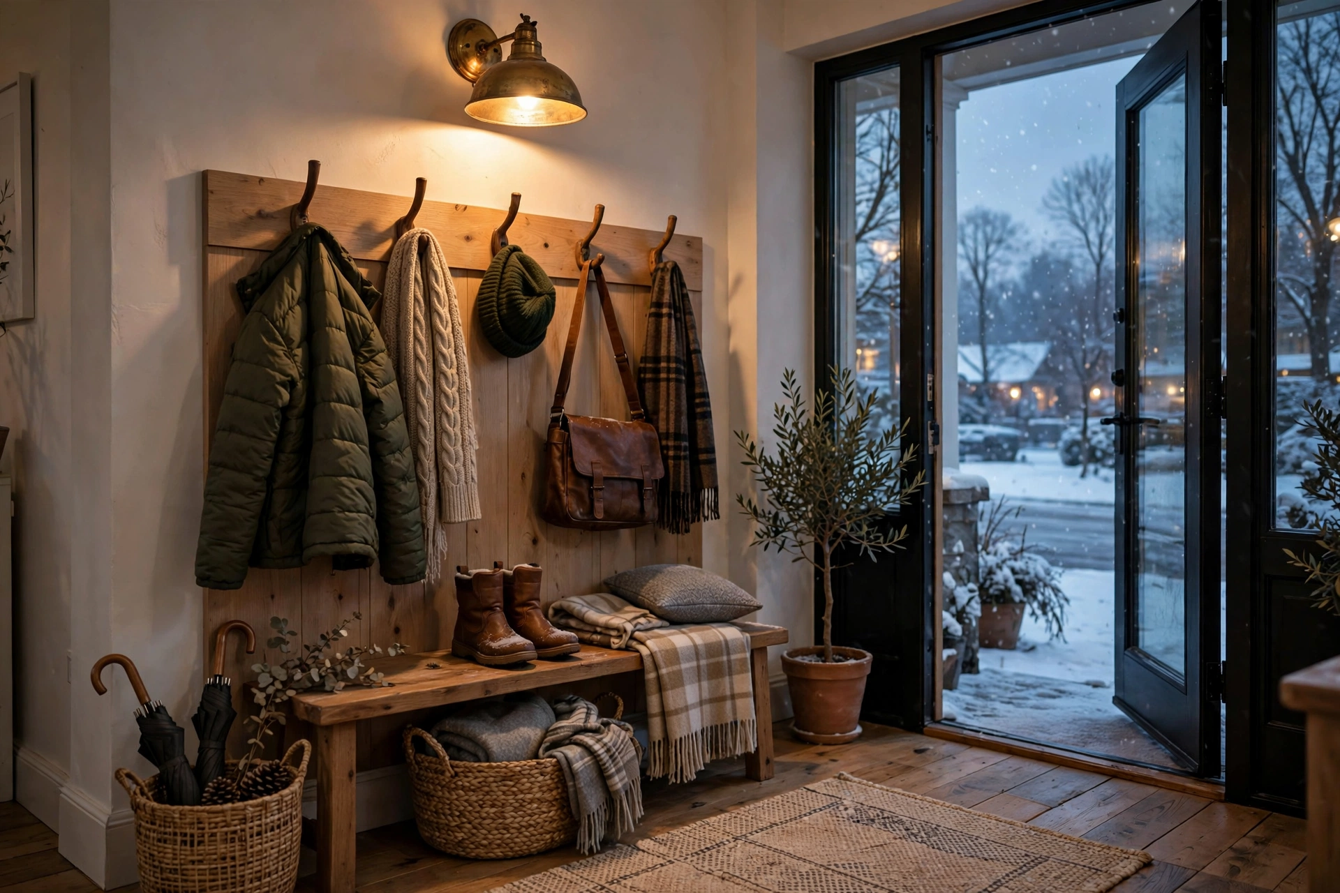 small entryway winter organization ideas warm entryway lighting
