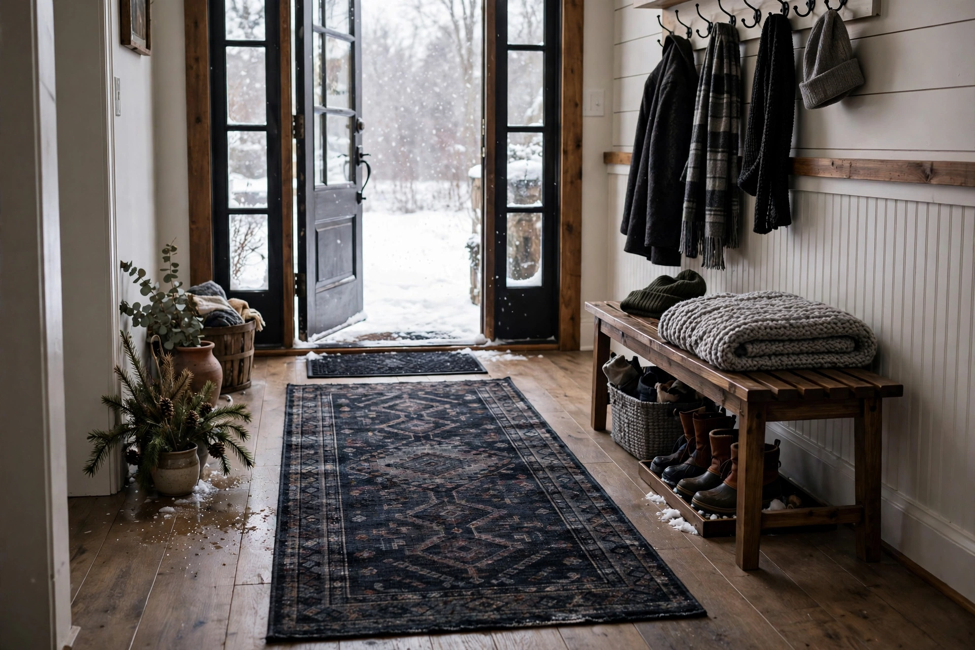small entryway winter organization ideas washable runner rug entryway
