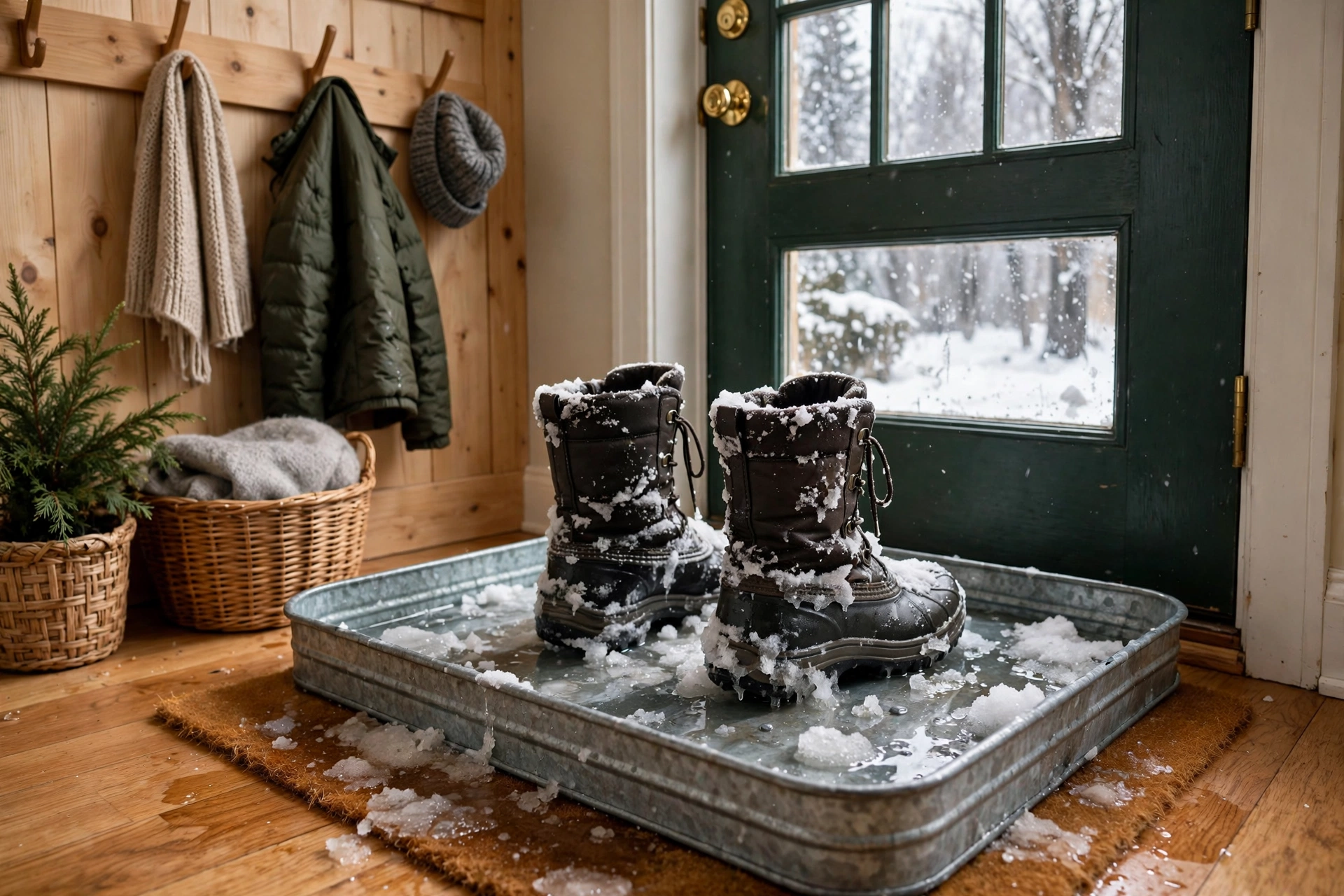 small entryway winter organization ideas wet boot tray front door