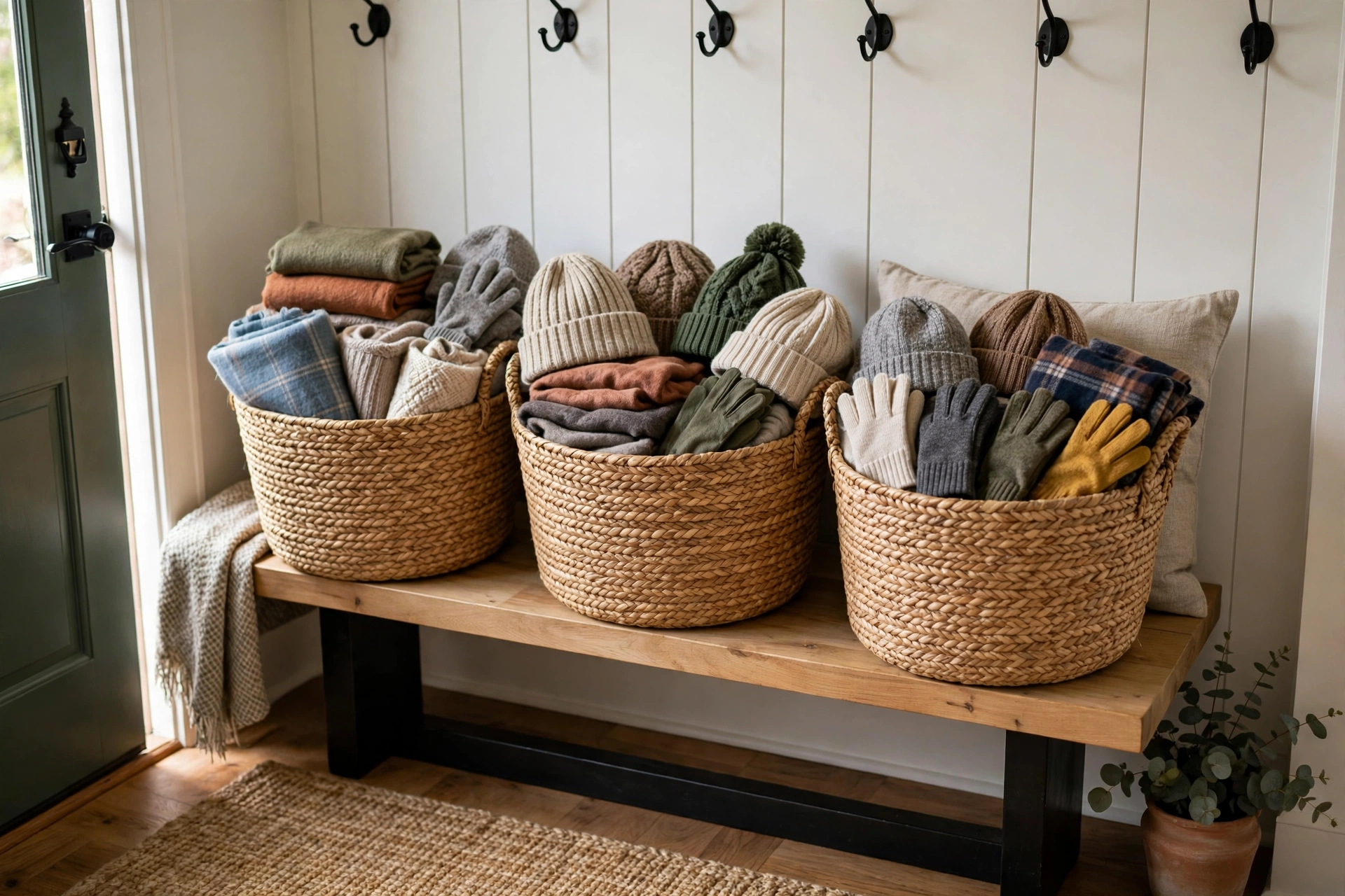 small entryway winter organization ideas woven baskets entryway storage