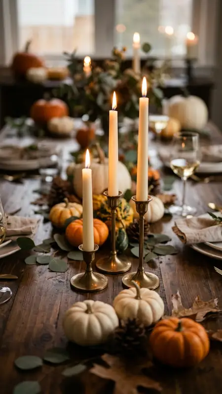 thanksgiving table decor brass taper candles