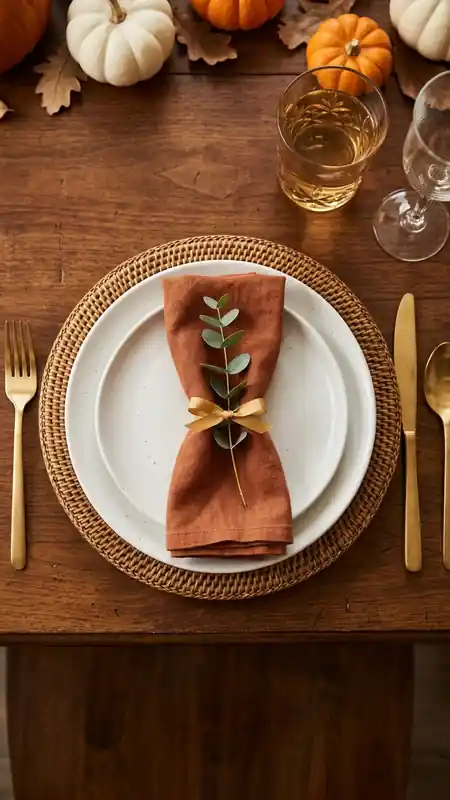 thanksgiving table setting rust napkin eucalyptus