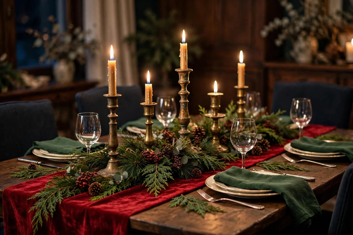 traditional red green christmas decor ideas brass candle holders table