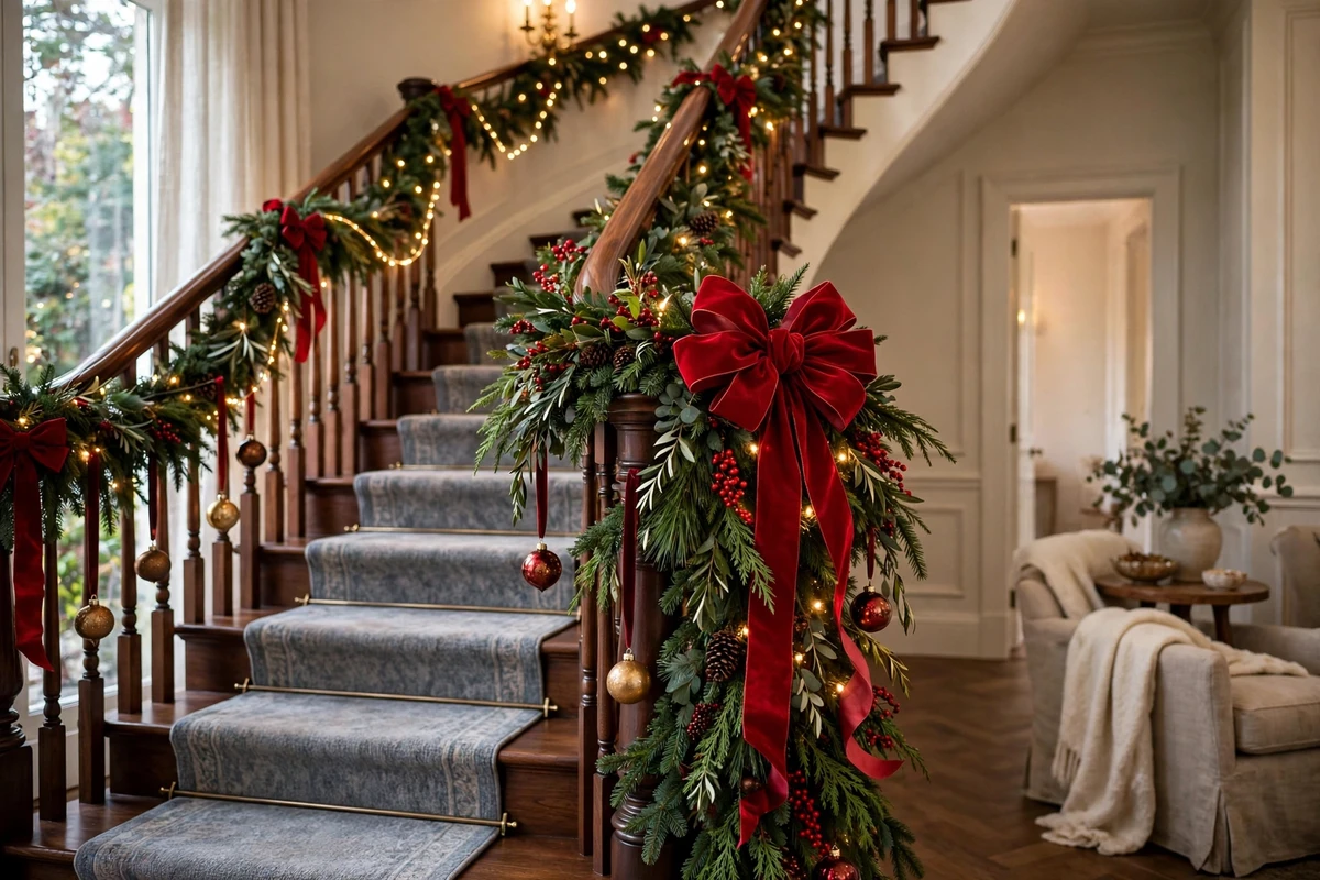 traditional red green christmas decor ideas evergreen garland staircase